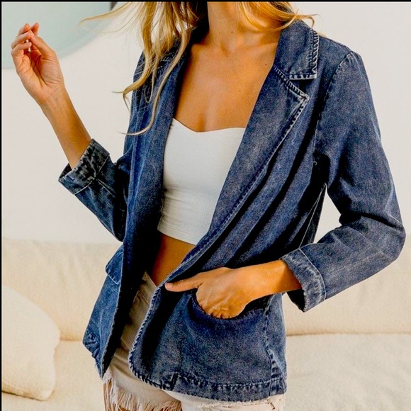 NEW TRENDY CHIC VINTAGE WASHED DENIM SINGLE BREASTED DENIM BLAZER - Picture 2 of 7